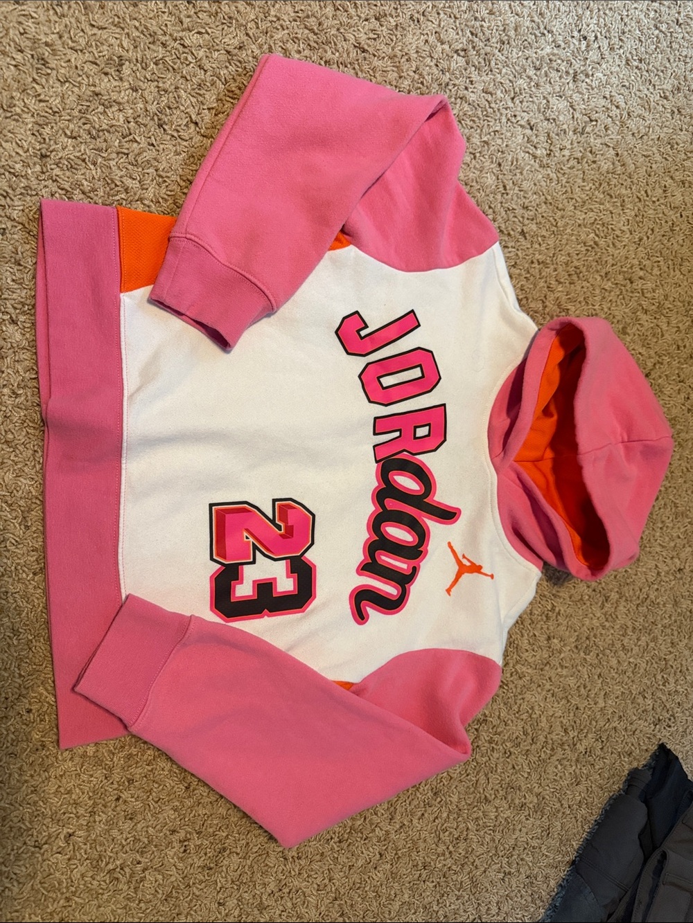 Jordan Pink, White & Orange Kids Hoodie with 23 Graphic